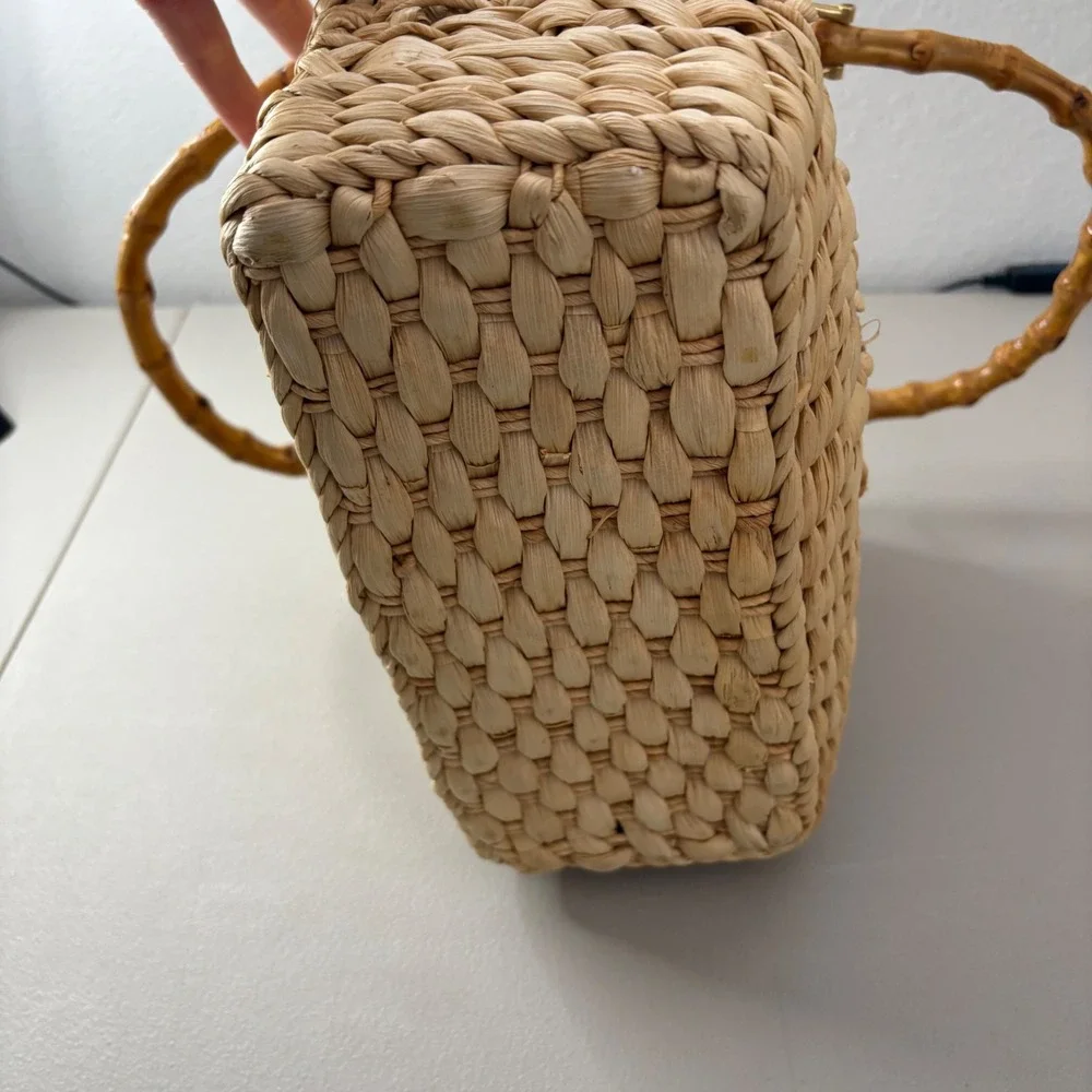 Cappelli Straworld Woven Straw Handbag Bamboo Handle Palm Tree Lining Tan Boho